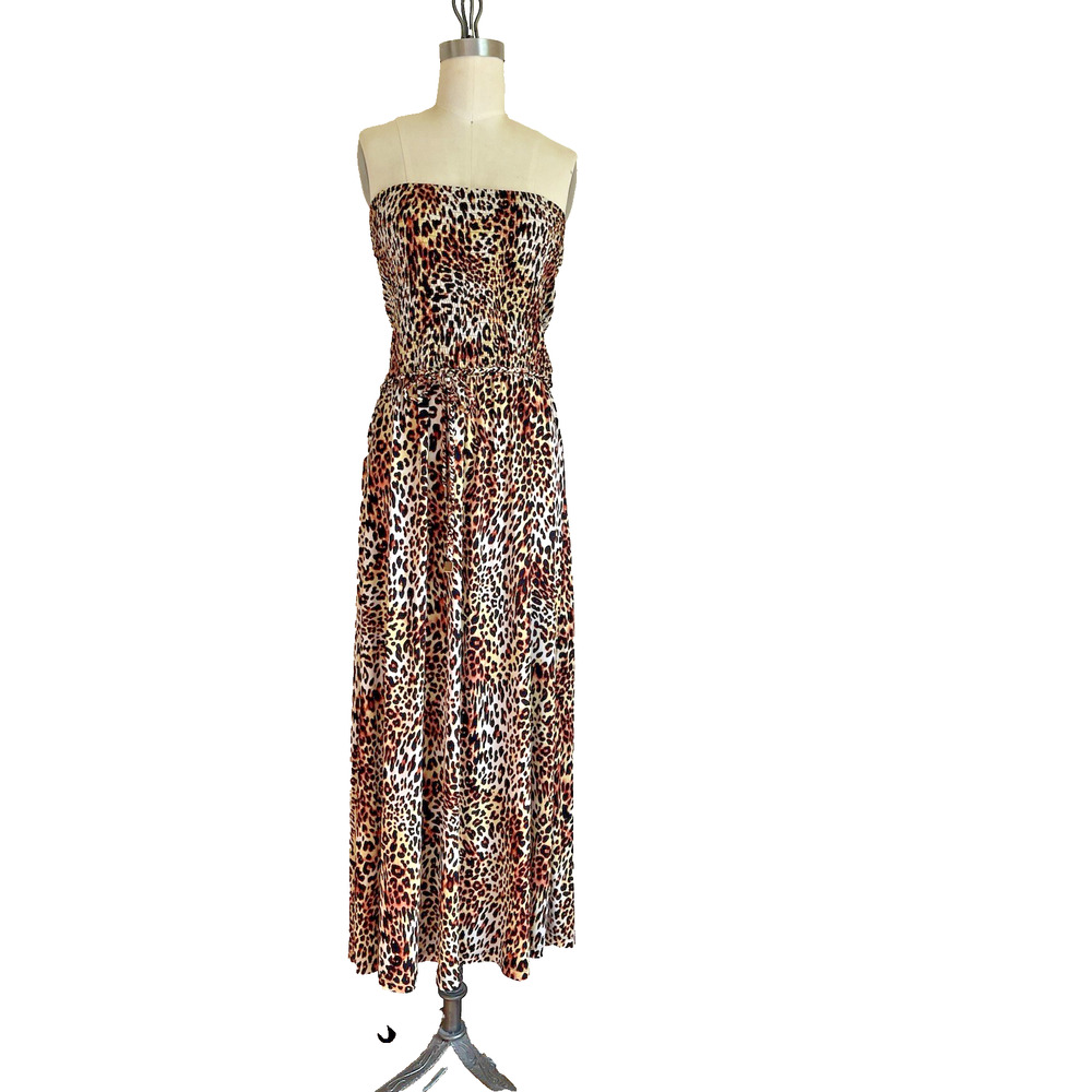 Anne Klein L Leopard Strapless Maxi Dress Animal Print Smocked Vacation $129